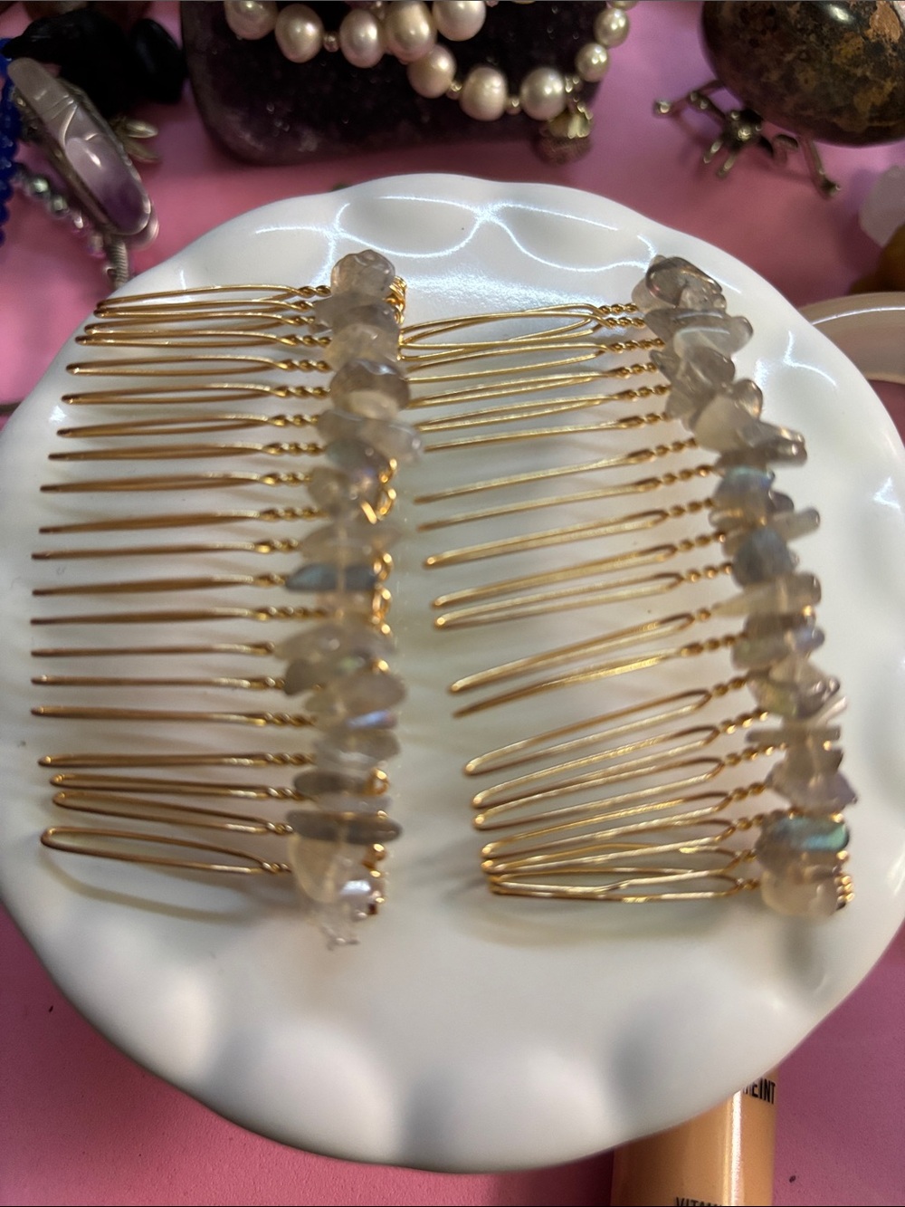 Gold-Finish Hair Combs with Labradorite Iridescent Beads